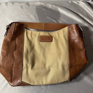 Kate Spade New York Two Tone Leather Canvas Hobo Shoulder Bag Brown Tan